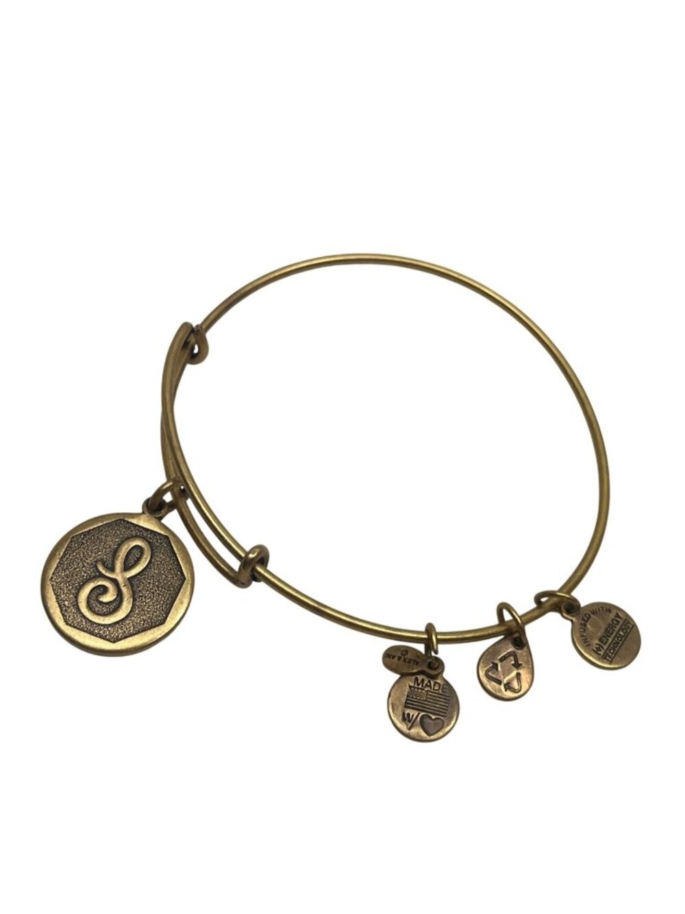 Alex And Ani Gold-Tone Initial "S" Charm Bangle Bracelet W/Inspirational Charms